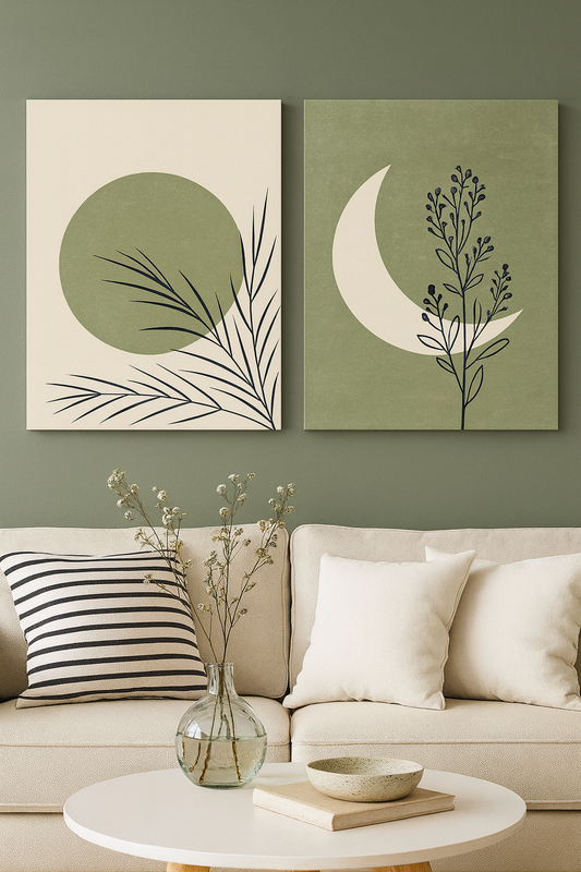 Minimalist Botanical Wall Art – Set of 2 | Modern Green & Beige Abstract Frames