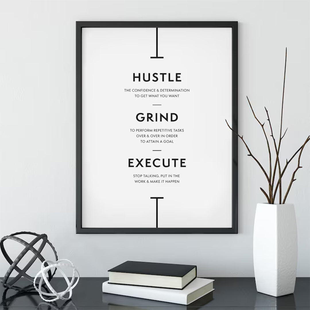 "Minimalist Motivational Wall Art – Hustle, Grind, Execute Poster for Office & Home Décor."