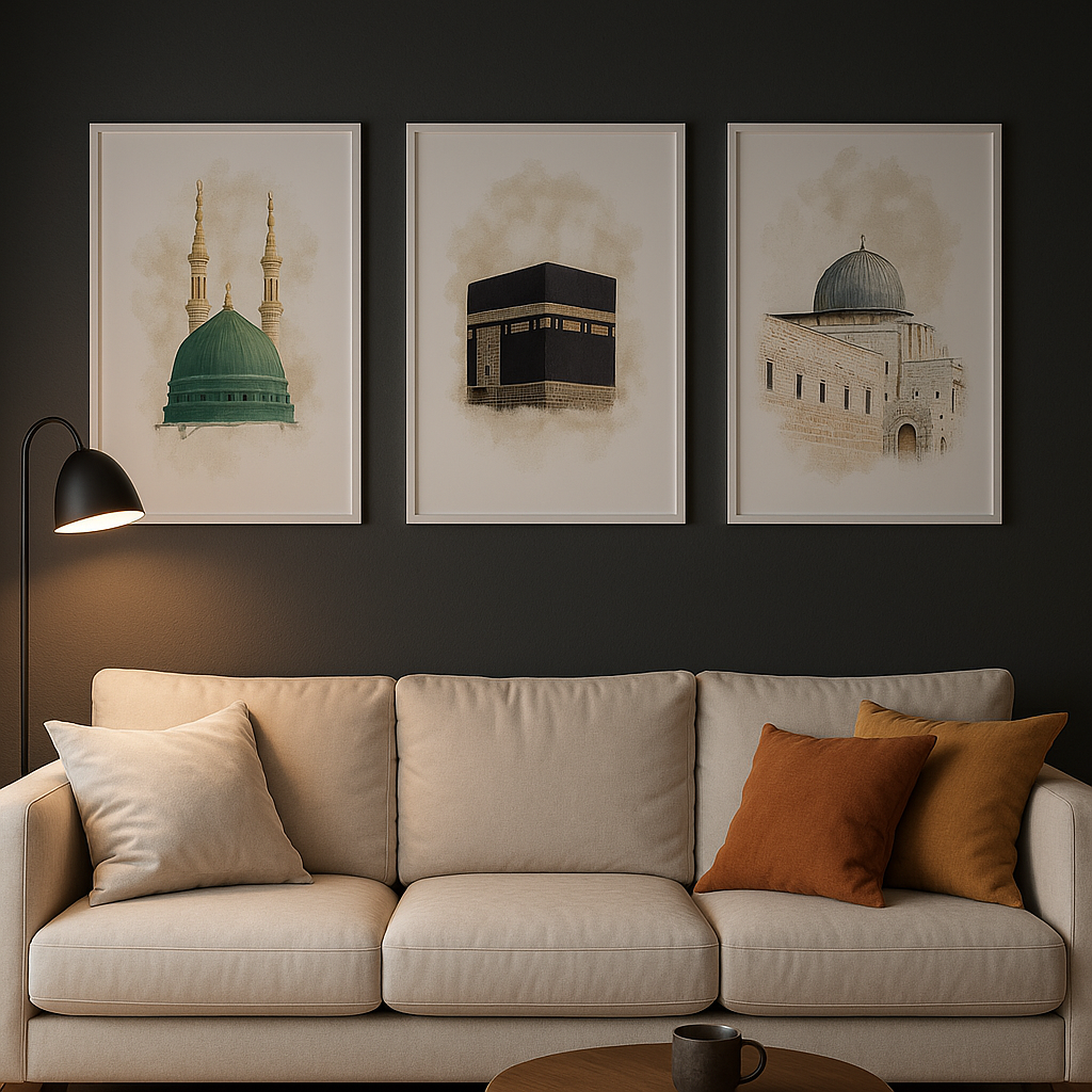 Set of 3 Islamic Posters | Kaaba, Aqsa & Nabawi | Watercolor Wall Art | D57