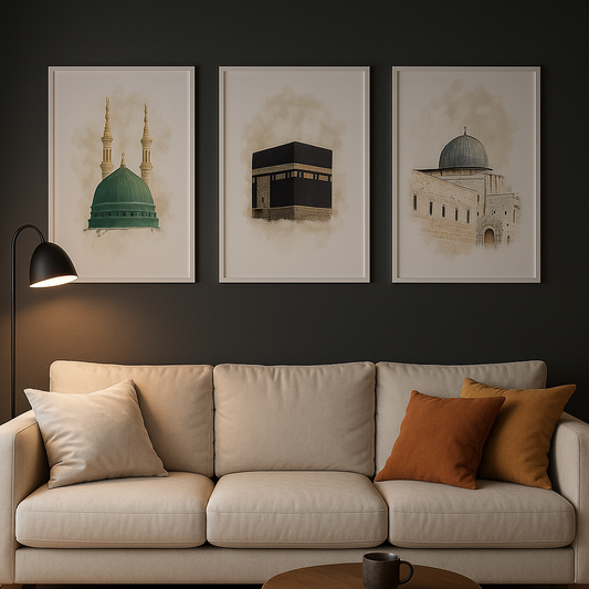 Set of 3 Islamic Posters | Kaaba, Aqsa & Nabawi | Watercolor Wall Art | D57