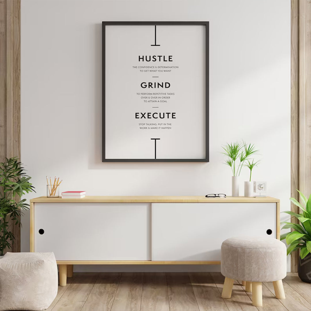 "Minimalist Motivational Wall Art – Hustle, Grind, Execute Poster for Office & Home Décor."