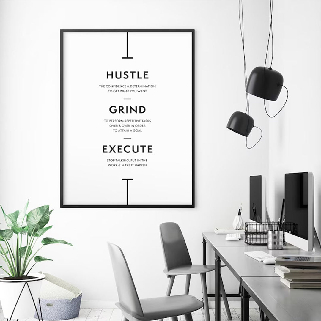 "Minimalist Motivational Wall Art – Hustle, Grind, Execute Poster for Office & Home Décor."