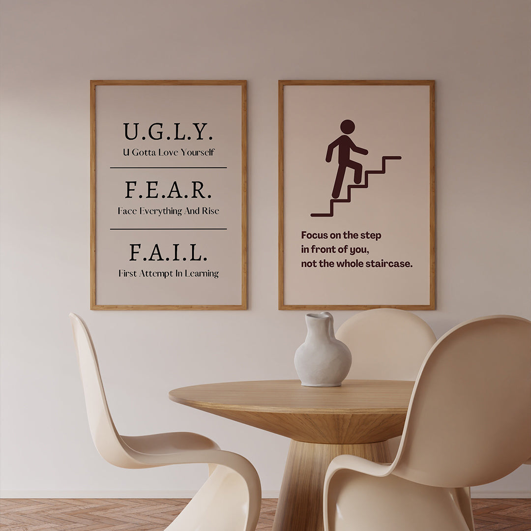 Set of 2 Motivational Wall Art Frames – U.G.L.Y. / F.E.A.R. / F.A.I.L. & Focus on the Step