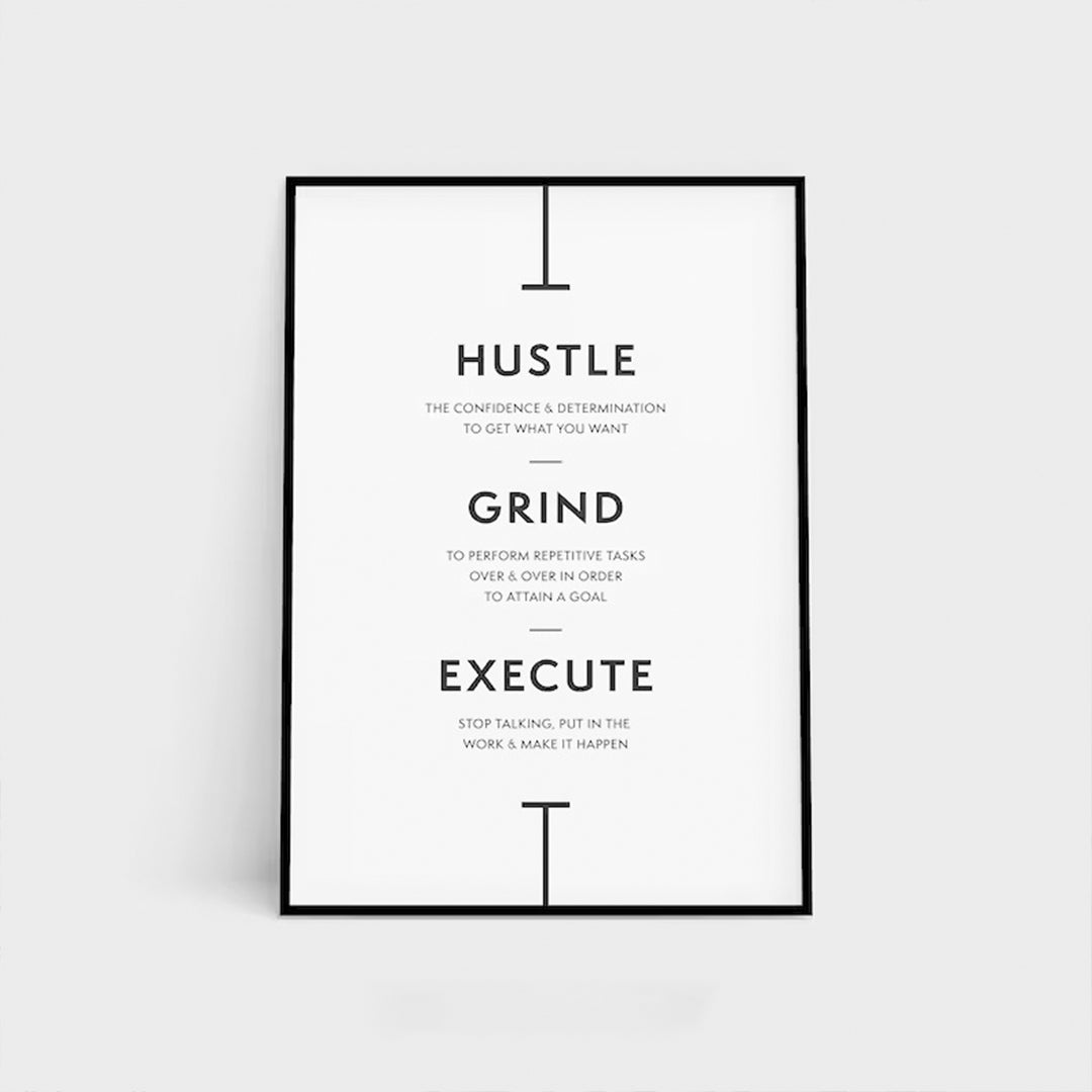 "Minimalist Motivational Wall Art – Hustle, Grind, Execute Poster for Office & Home Décor."