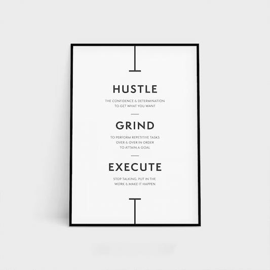 "Minimalist Motivational Wall Art – Hustle, Grind, Execute Poster for Office & Home Décor."