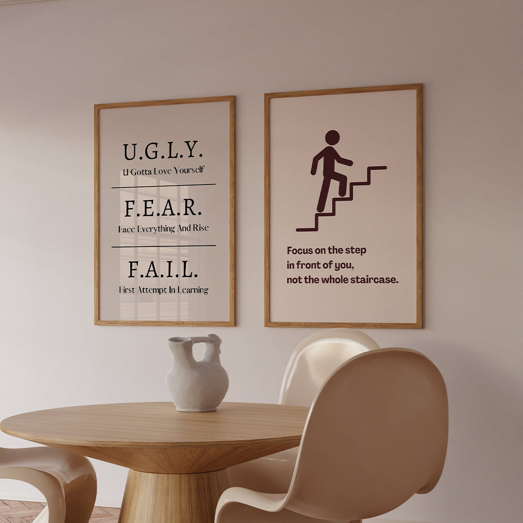 Set of 2 Motivational Wall Art Frames – U.G.L.Y. / F.E.A.R. / F.A.I.L. & Focus on the Step