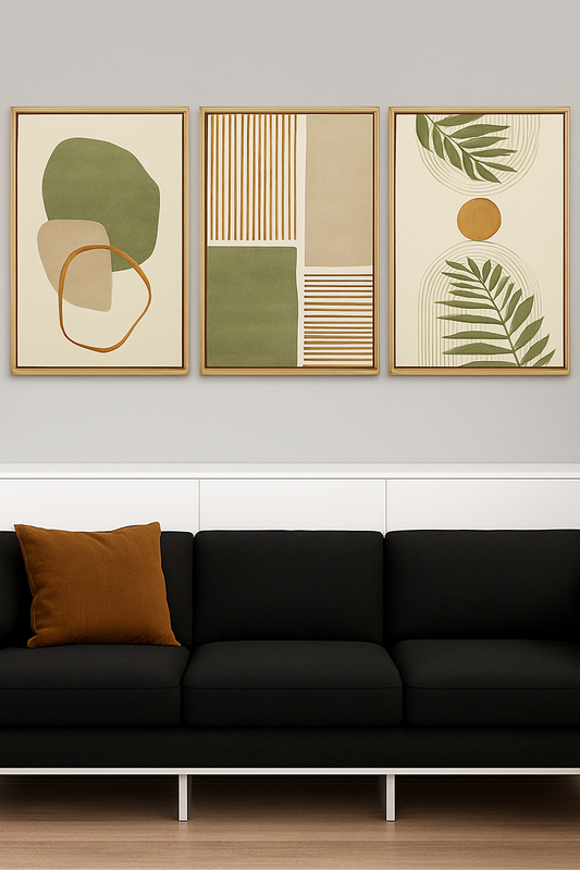 Abstract Geometric & Botanical Wall Art – Set of 3 Modern Frames | Minimalist Home Décor