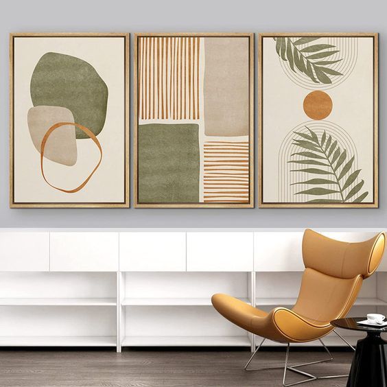 Abstract Geometric & Botanical Wall Art – Set of 3 Modern Frames | Minimalist Home Décor