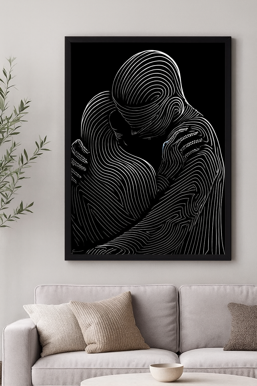 "Abstract Line Art Embrace – Modern Black & White Wall Decor"