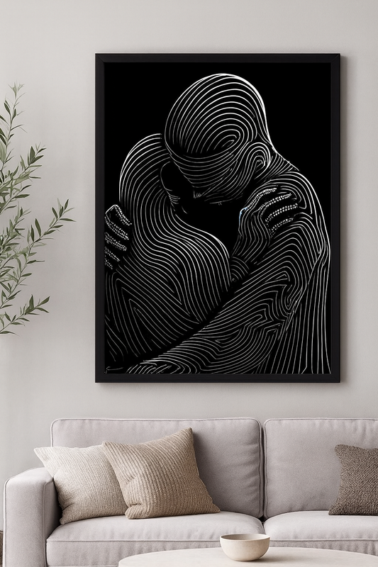 "Abstract Line Art Embrace – Modern Black & White Wall Decor"