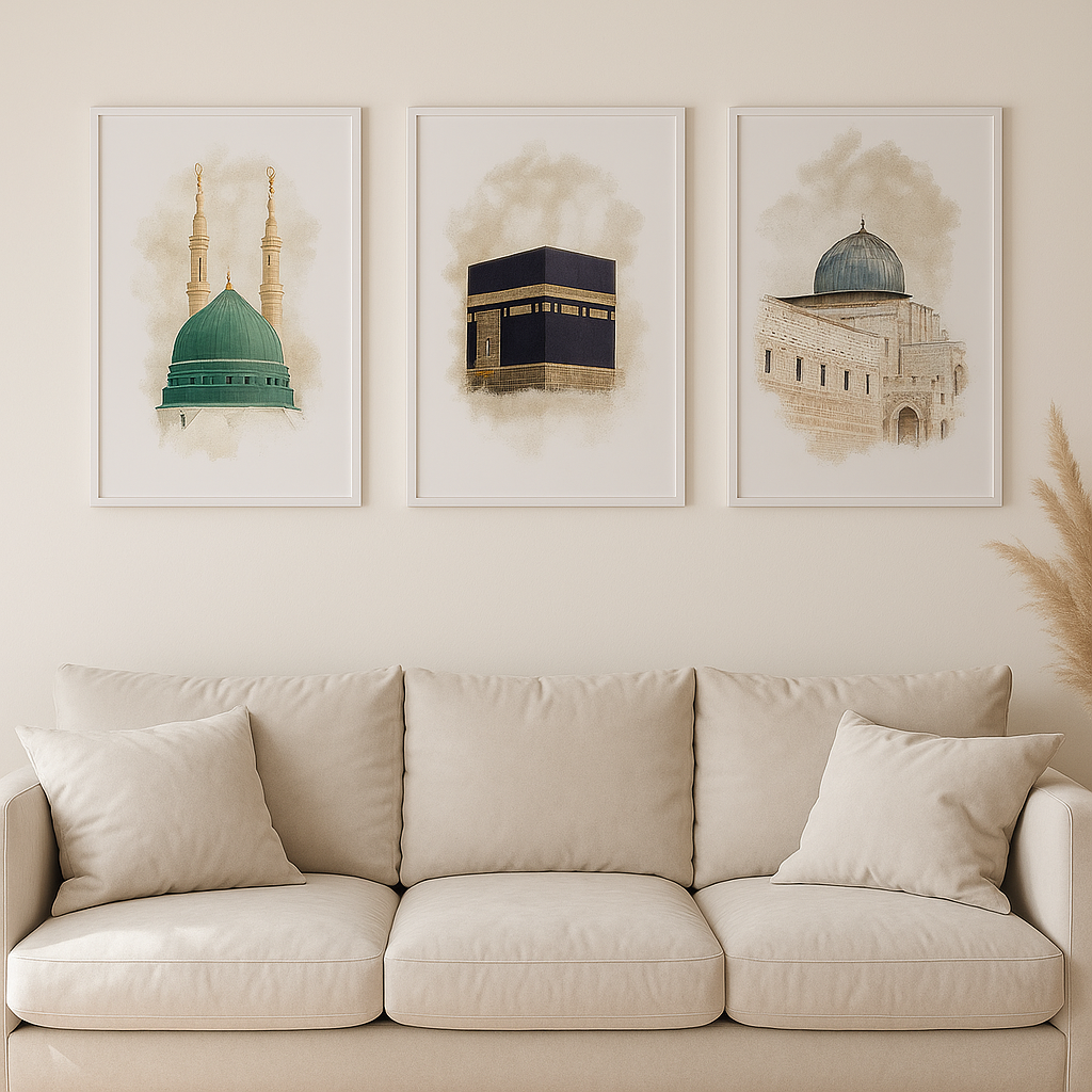 Set of 3 Islamic Posters | Kaaba, Aqsa & Nabawi | Watercolor Wall Art | D57