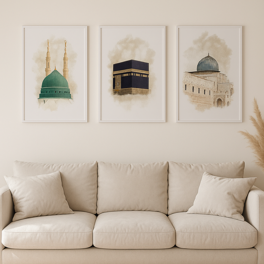 Set of 3 Islamic Posters | Kaaba, Aqsa & Nabawi | Watercolor Wall Art | D57