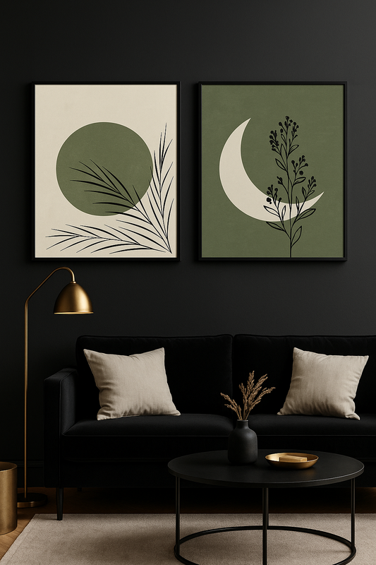 Minimalist Botanical Wall Art – Set of 2 | Modern Green & Beige Abstract Frames