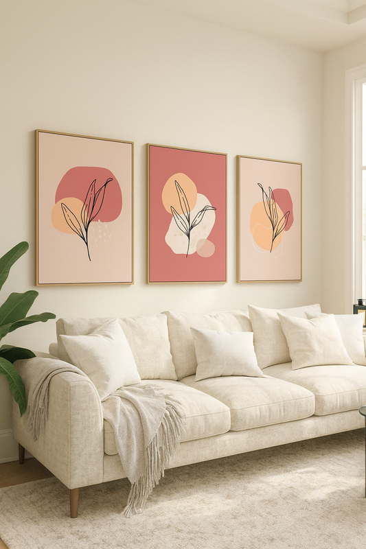 "Abstract Botanical Wall Art – Set of 3 Minimalist Prints in Warm Earthy Tones."