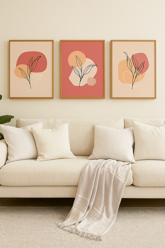 "Abstract Botanical Wall Art – Set of 3 Minimalist Prints in Warm Earthy Tones."