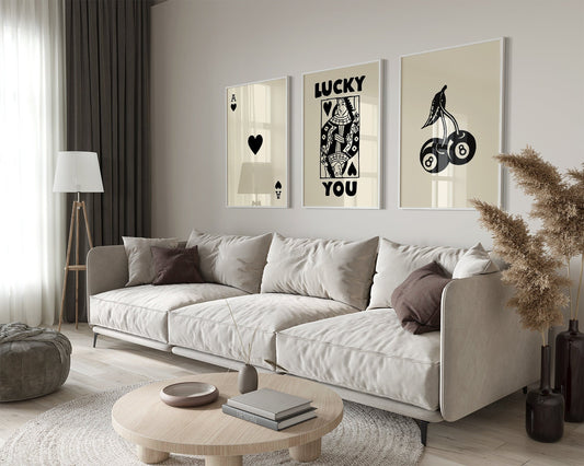 Set of 3 Modern Playing Card Wall Art Prints – Black & White Minimalist Posters