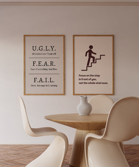 Set of 2 Motivational Wall Art Frames – U.G.L.Y. / F.E.A.R. / F.A.I.L. & Focus on the Step