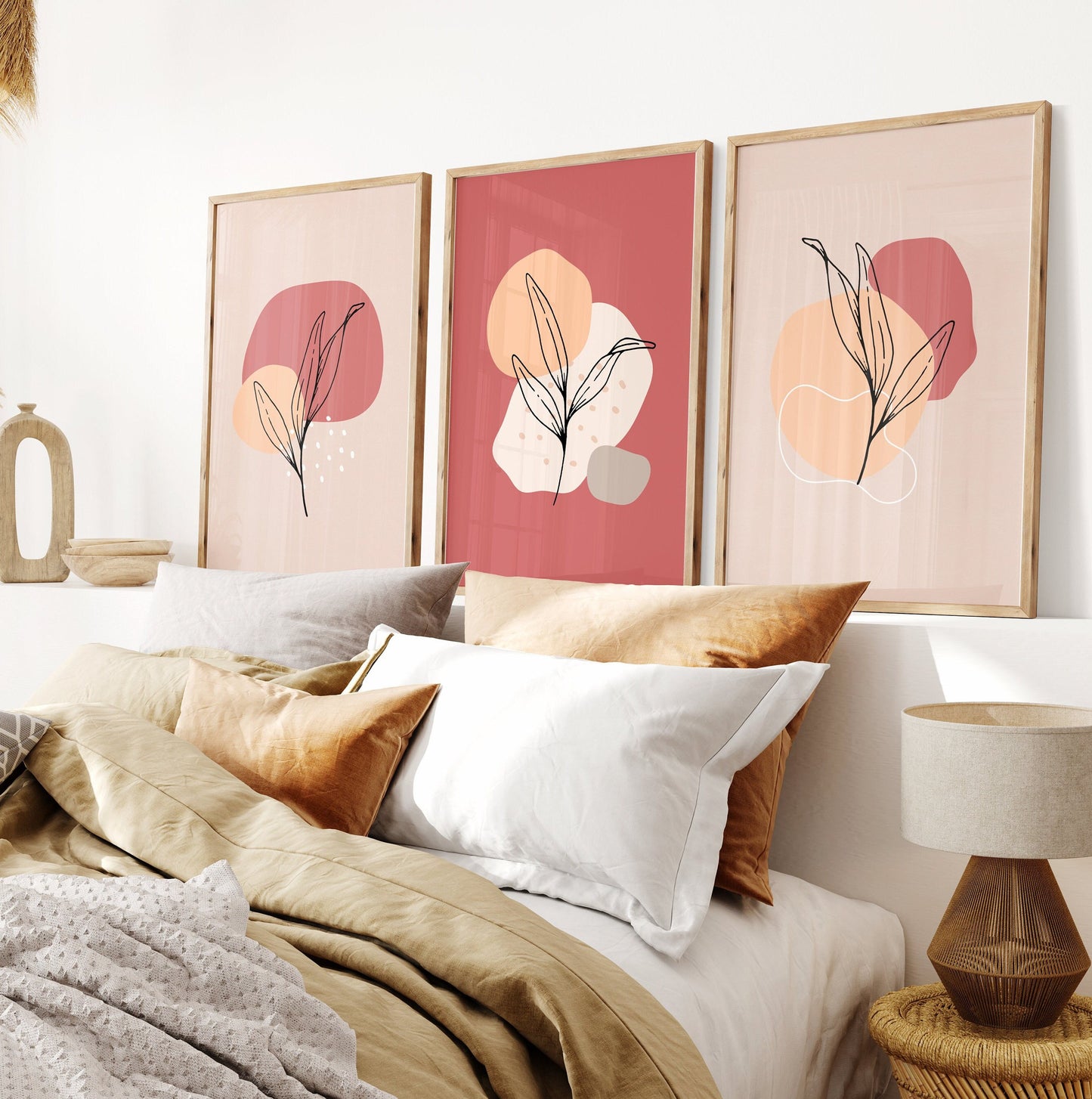 "Abstract Botanical Wall Art – Set of 3 Minimalist Prints in Warm Earthy Tones."