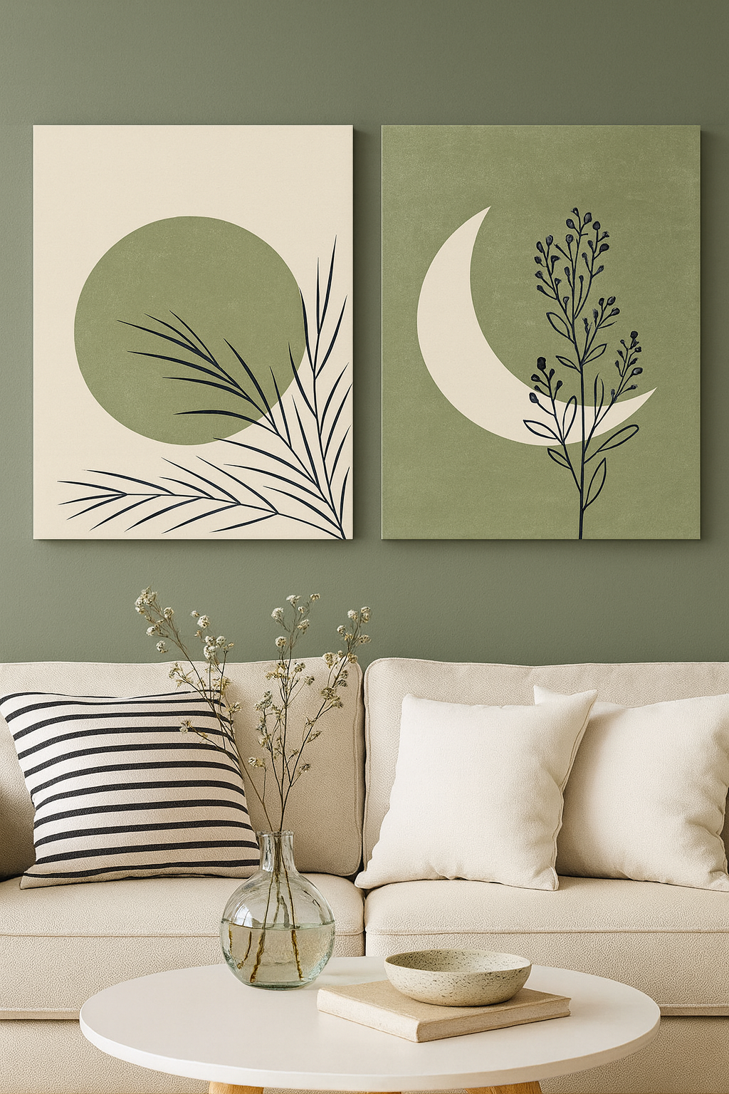 Minimalist Botanical Wall Art – Set of 2 | Modern Green &amp; Beige Abstract Frames